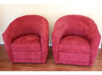 Pair Of Industry Natuzzi Italian Swivel Club Chairs With A Suede Cloth Fabric