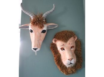 Set Of 2 Handmade Papier Mache Masks - Lion/Gazelle