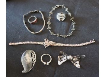 Sterling Jewelry Collection Includes 2 Sterling Rings, Sterling Bow Pin, Pretty Etched Pin & Bracelets