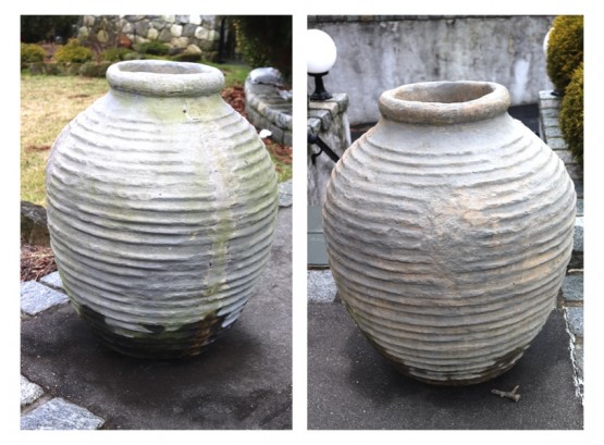 Pair Of Large Quality Resin Planters In The Style Of Olive Oil Jars Filled With Stones Approx. 24 X  36 Inches