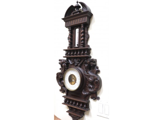 Highly Carved French Barometer In A Dark Wood Case Hertz Freres W/ Ornate Carved Serpent Detailing On The Side