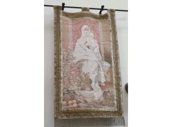 Antique Belgian Tapestry Madonna With Child Velvet Border On Linen Back Metallic Thread Fringe 29 X 52 Inches