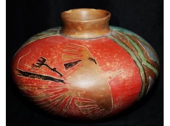 Vintage Native American Painted Pottery Vase Etched Symbolism, Chips On The Rim Of The Vase As Pictured