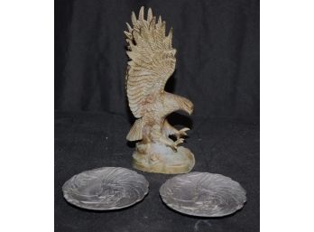 Heavy Cast Bronze Eagle With Etched Detail Includes Heavy Metal/Pewter Indian Portrait Ashtrays