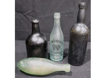Collection Of 4 Antique Bottles Includes FW Von Wiegen & Co & Pin Shaped Frosted Bottle