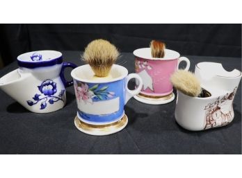 4 Shaving Cups Includes 3 Brushes, Burleigh Ironstone And CFH/CDM France & Leo C Benite Philadelphia