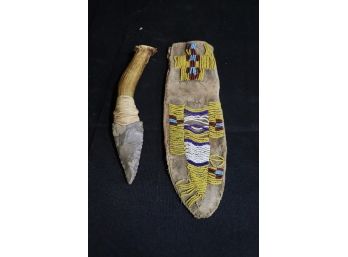 Vintage/Antique Native American Arrowhead Knife With Antler Handle Includes Stitched/Beaded SheathPouch