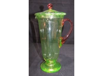 Vintage Vaseline/Uranium Glass Pitcher With Lid Beautiful Piece In Excellent Condition For Age