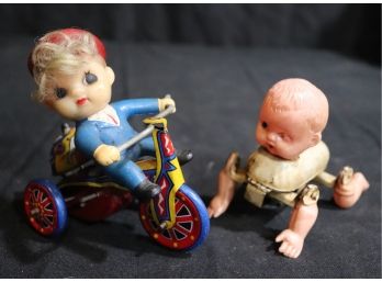 Vintage Toys Include Wind Up Crawling Baby & Boy On Trike MTU Made In Korea