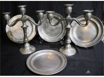 1.Solid ESC 3 Arm Pewter Candelabras With Pewter Plates With Hallmarks As Pictured, Packman Made In London