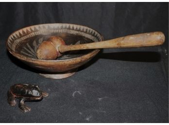 Vintage Native American Bowl With Engraved Detail, Wooden Mallet Includes Cast Metal Frog Match Holder