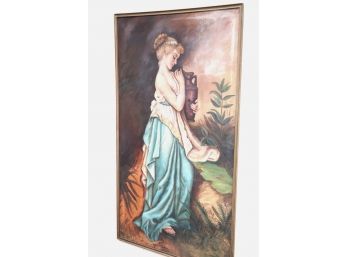 Large 19th Century Painting Of A Classical Maiden On Linen With A Long Flowing Dress 36' X 32'