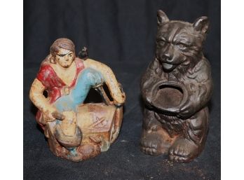 Vintage Cast Metal Bear Coin Bank & A Pirate With A Treasure Chest