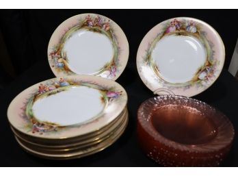 Pretty A Hand Painted Dresden Germany, Cabinet Plates Different Borders Include 12 Pink Dessert Plat