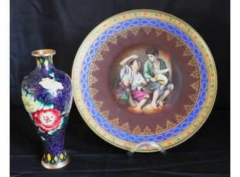 Large Fine Porcelain JKW Western Germany Plate & Pretty Cloisonne Vase With Floral Design
