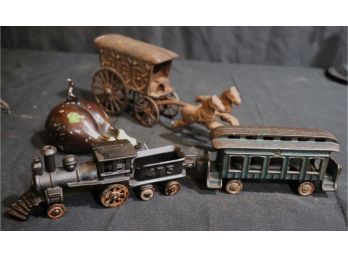 Vintage Rubal NY Horse Bottle Opener, Cast Metal Ice Wagon, Cast Metal Trains 475 & Sidecar