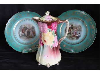 Floral Royal Kinnon Chocolate Pot, Plates By JK Decor Carlsbad Bavaria Made In Germany Of Romantic Scenery