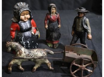Vintage Cast Metal Coin Bank Lady With Basket, Cast Metal Figures,  Horse & Carriage