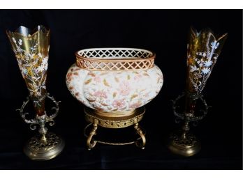 Zsolnay Lecs JJM Hungarian Vase With Stand & Hand Painted Vases Inset In Metal Casing