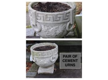 Pair Of Large Heavy Cement Planters Beautiful Greek Key Pattern With Grape Leaf Clusters 24 X 23 Inches