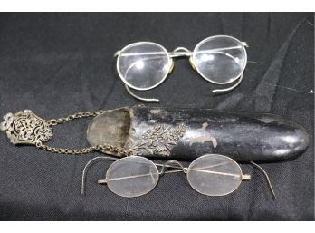 Vintage Spectacles, One Pair Set Has An Etched Frame Includes A Case