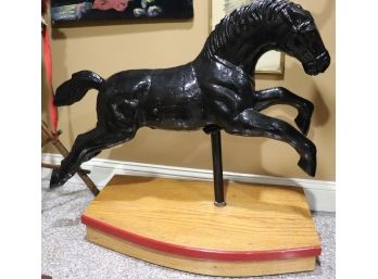 Vintage Cast Metal Horse From A Merry Go Round In Bellmore, Painted Black On Wood Stand Approx. 36 X 32