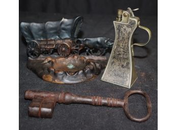 Vintage Ronson Lighter 1927 Patent, Cast Metal Key & Ox/Wagon Ashtray
