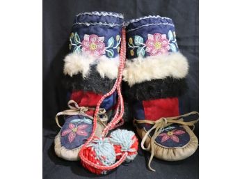 Handmade Native American Ceremonial/Winter Boots With Fur, Leather And Beaded Detail! Leather & Fur Trim