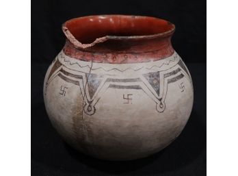 Antique Native American Pottery With Cracks & Repair- Native American Whirling Log Symbol Represent Navajo