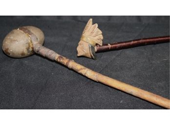 Vintage Native American Stone Mallet Wrapped Stone Head, Birchwood Peace Pipe W Carved Indian Head