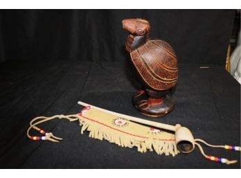 Vintage Native American Peace Pipe, Knife W/ Antler Handle- Beaded Hide Sheath, Carved Wood Bird Jar Lid