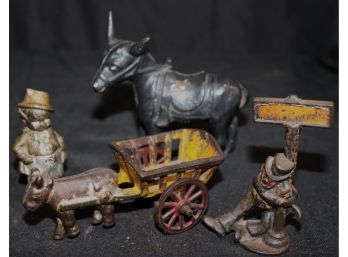 Vintage Dandy Miniature, Vintage Donkey Coin Bank, Hobo On Street Sign & Wagon With Ox Assorted Sizes