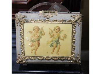 Antique Photo Album With Pictures, Cherub Design In An Embossed Metal Casing & Vintage Metal Paper Stand