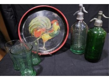 Vintage Seltzer Bottles & Coca Cola Glasses, Painted Tray, La Bariles Florida Mouckley Sparkling Beverage