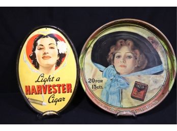 Vintage Tobacco Metal Advertising Trays, Harvester Cigar & Satin Cigarettes