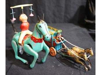 Vintage Metal Kentucky Stagecoach Tin Toy & Balancing Boy  Made In China