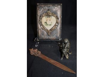 Vintage Art Nouveau Letter Opener, Cast Metal Cherub Playing A Lute, Vintage Embossed Metal Frame With Ce