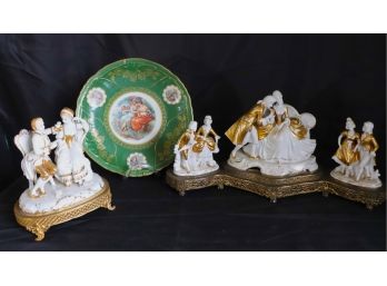 Pretty Capodimonte Style Porcelain Pieces With Gilded Paint On Metal Stand, Includes Mitterteich Bavaria Plate