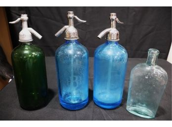 Collection Of Vintage Seltzer Bottles, Axelrod Seltzer Bottles , Chester Sparkling, Warranted Glass Flask
