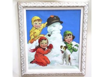 Florence A Kroger Painting Children With Snowman Approx. 30 X 34 Inches