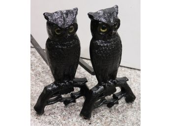 Vintage Pair Of Painted Black Owl Andirons With Eyes