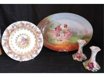 Beautiful Painted Victorian Style Platter, Pair Of T&V Limoges France Floral Candlesticks, Hand Painted Plate