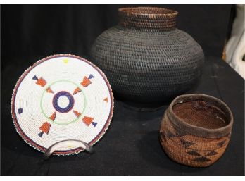 Vintage Native American Woven Baskets, Handmade Ornamental  Beaded Cover