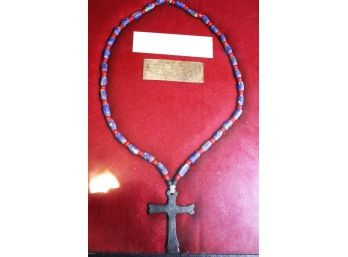 French Jesuit Brass Friendship/Trade Cross Used In Trade With The Indians, Hudson Bay Trade Beads Strung