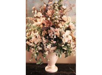 Large Travertine Urn With Gorgeous Faux Floral Display, Substantial Piece - 20 Inches Tall