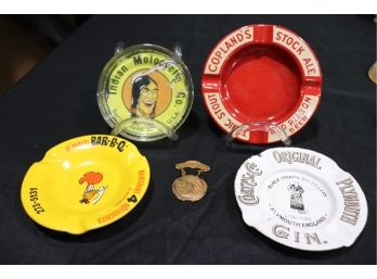 Vintage Ashtrays - Plymouth Gin, Indian Motorcycle, St Hubert BBQ, Red Ribbon Beer & Cherokee Club Medalli