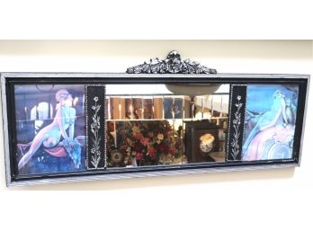 Pretty Art Deco Over Mantle Mirror Encased In A Carve Wood Frame With Prints Of Lovely Ladies