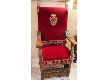 Carved Wood Throne Chair With Crest On Velvet Fabric, Highly Carved Detailing Throughout!