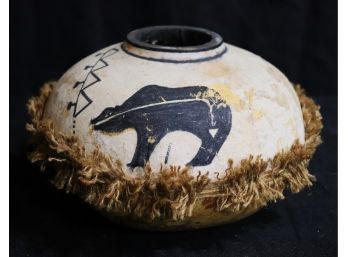 Vintage Carved Native American Gourd Pottery With Painted Symbols