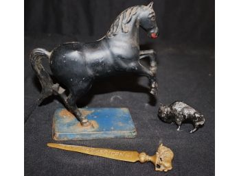 Vintage Pan American Letter Opener, Cast Metal Horse Coin Bank & Mini Cast Metal Buffalo Figurine